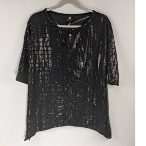 JM‎ Collection Sequin Top Half Sleeve Black Small Scoop Neck Asymmetrical Hem